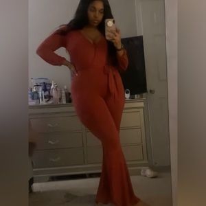 Red Flare Leg plunging neckline jumpsuit
